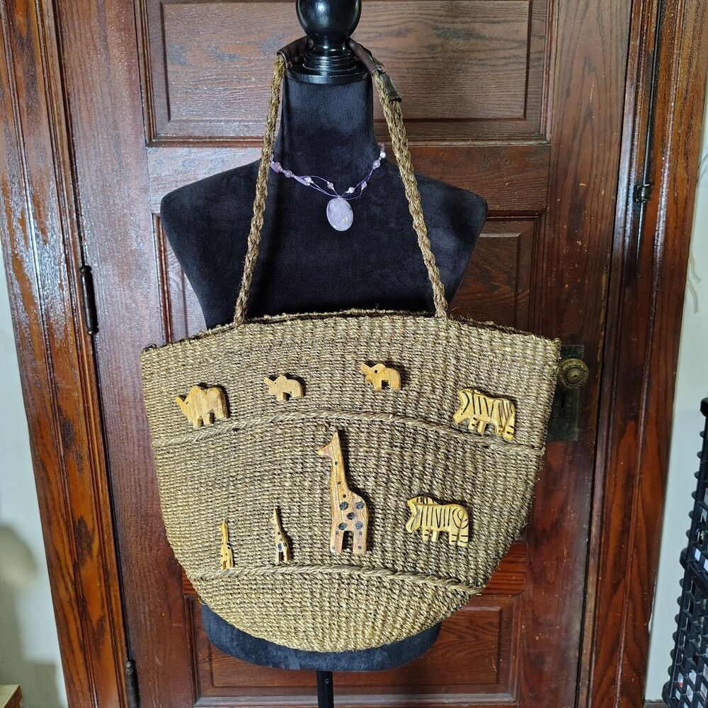 VTG Safari Noahs Ark Carved Wood Animals Sisal Tote Weave Farmers Market Tote